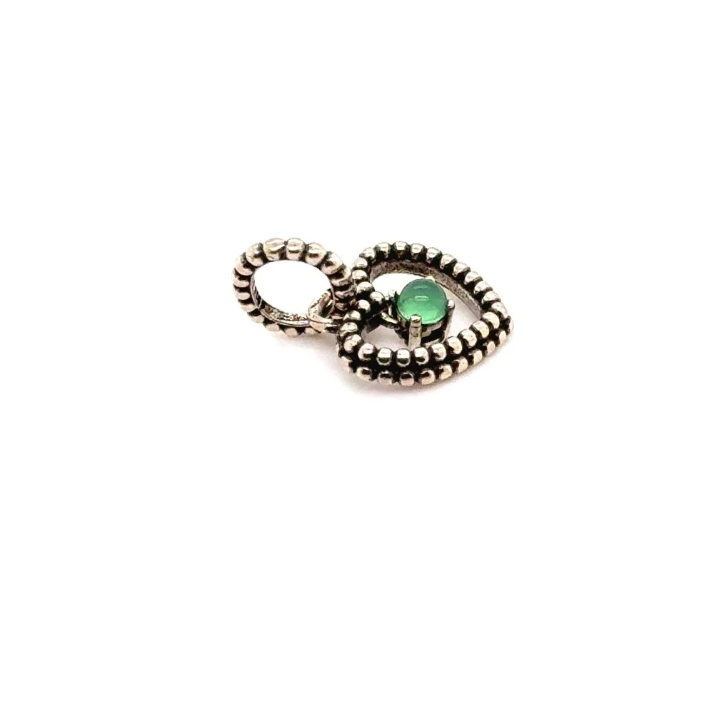 Pandora Sterling Silver Beaded Heart Green Stone Dangle Charm S925 ALE